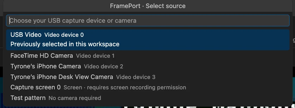 Available sources in FramePort