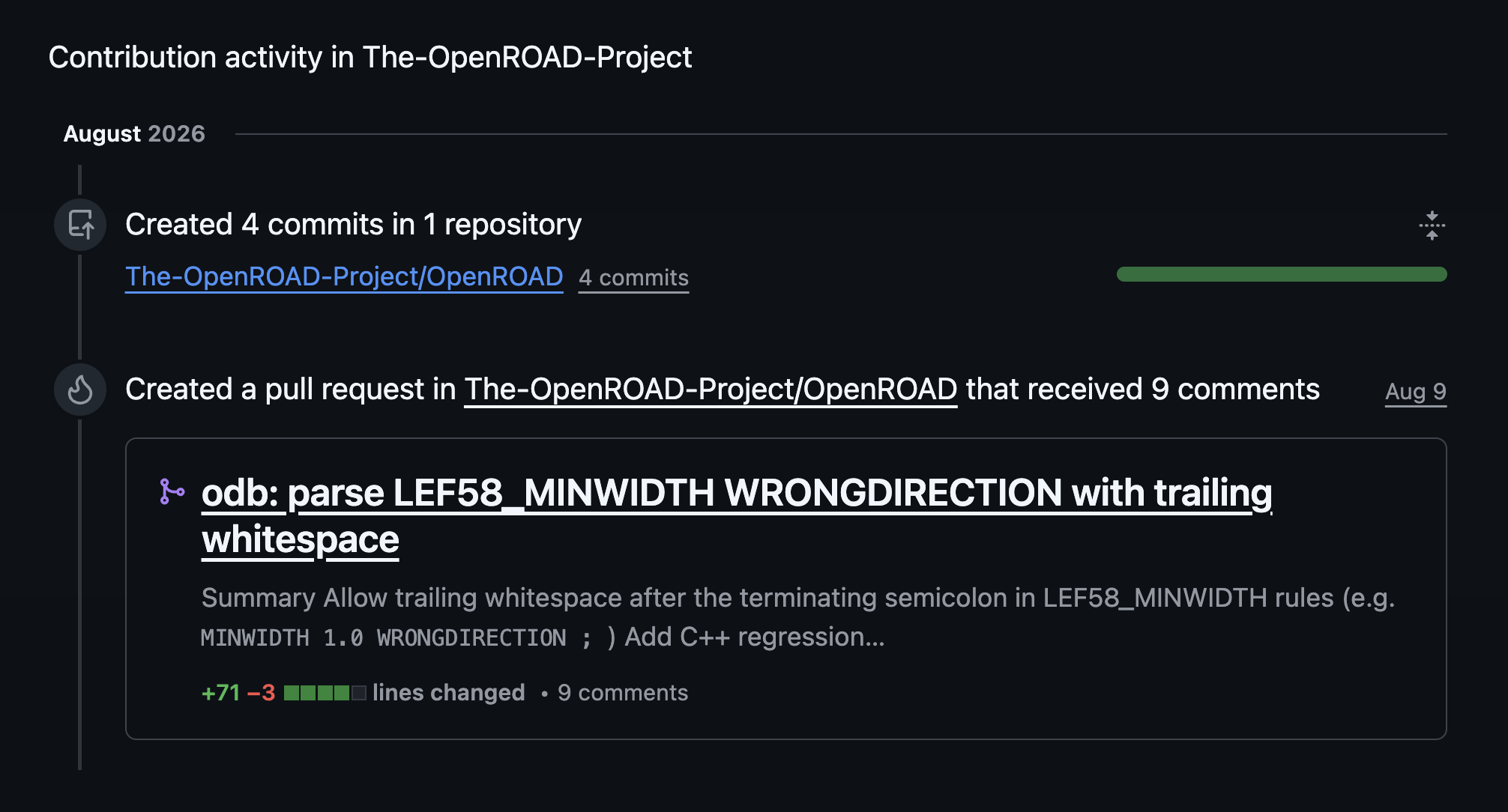 GitHub contribution activity — four commits in OpenROAD and pull request #11107.