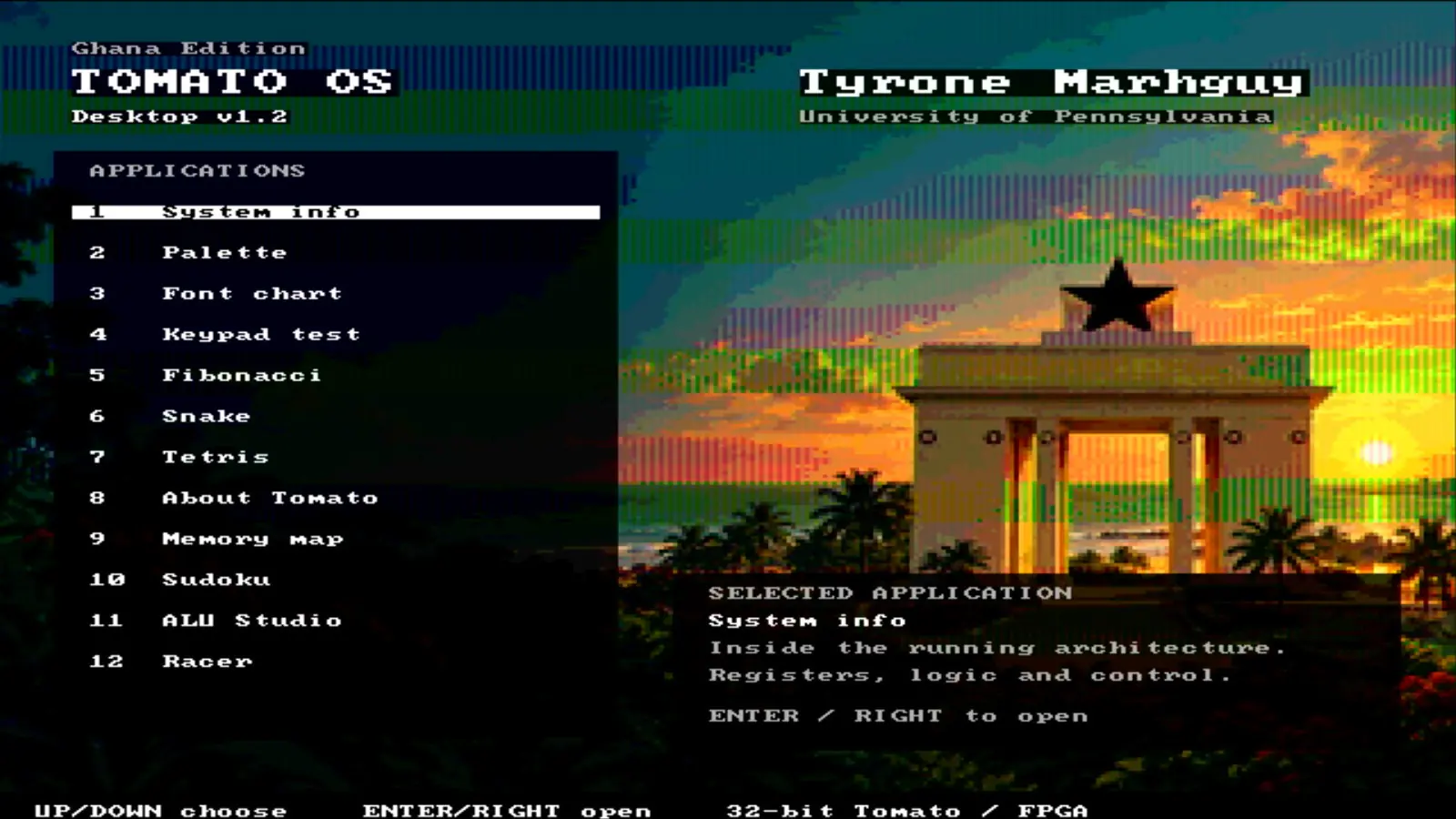 Tomato OS desktop with Ghana wallpaper on the FPGA