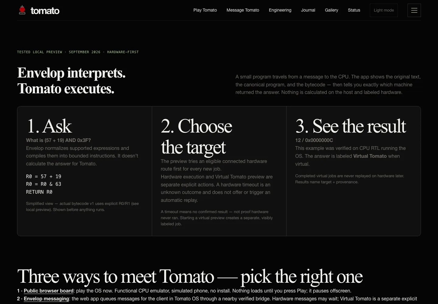 Compute preview showing Ask, Choose the target, and See the result with Virtual Tomato provenance