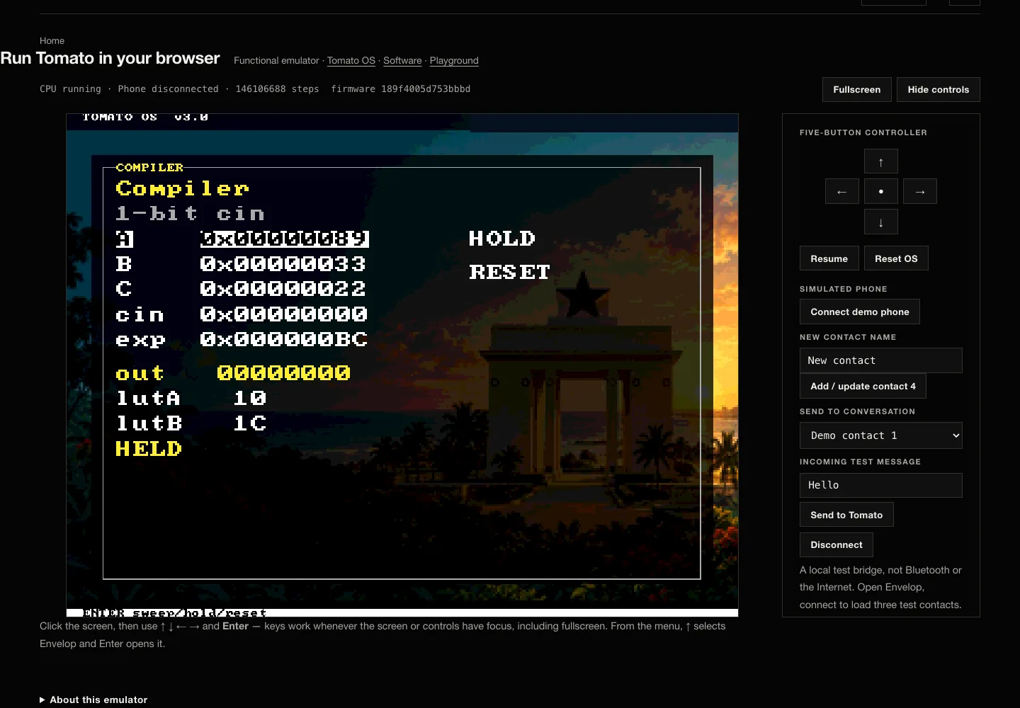 Compiler screen running inside Tomato OS in the desktop Virtual Tomato emulator
