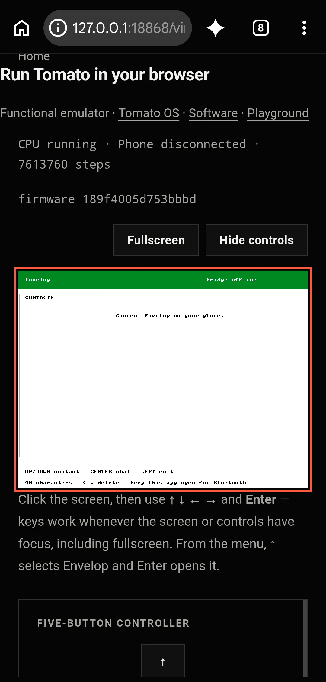 Envelop open inside Tomato OS in the Virtual Tomato browser emulator on an Infinix phone
