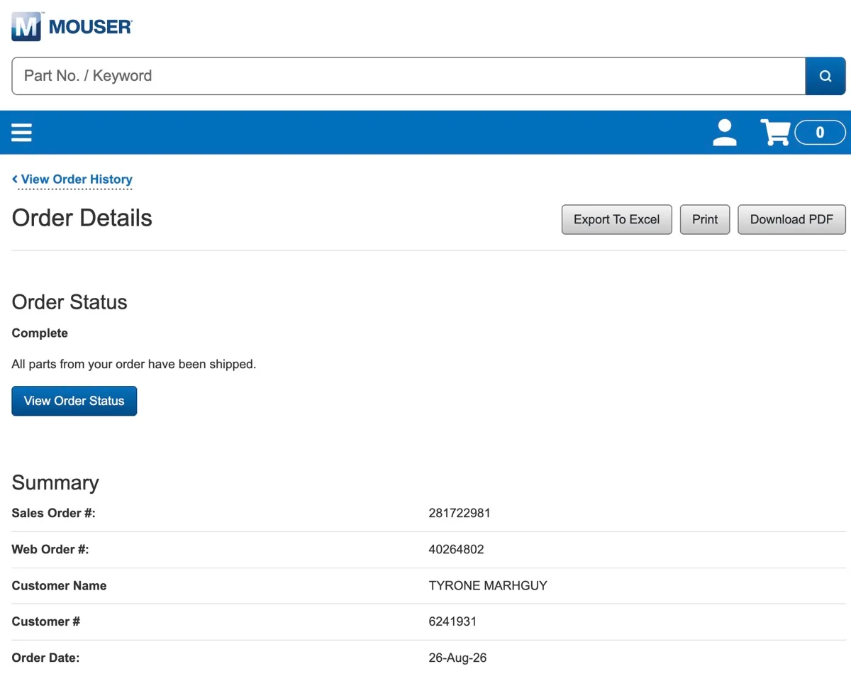 Mouser order — Digilent PMOD VGA and headers in transit.