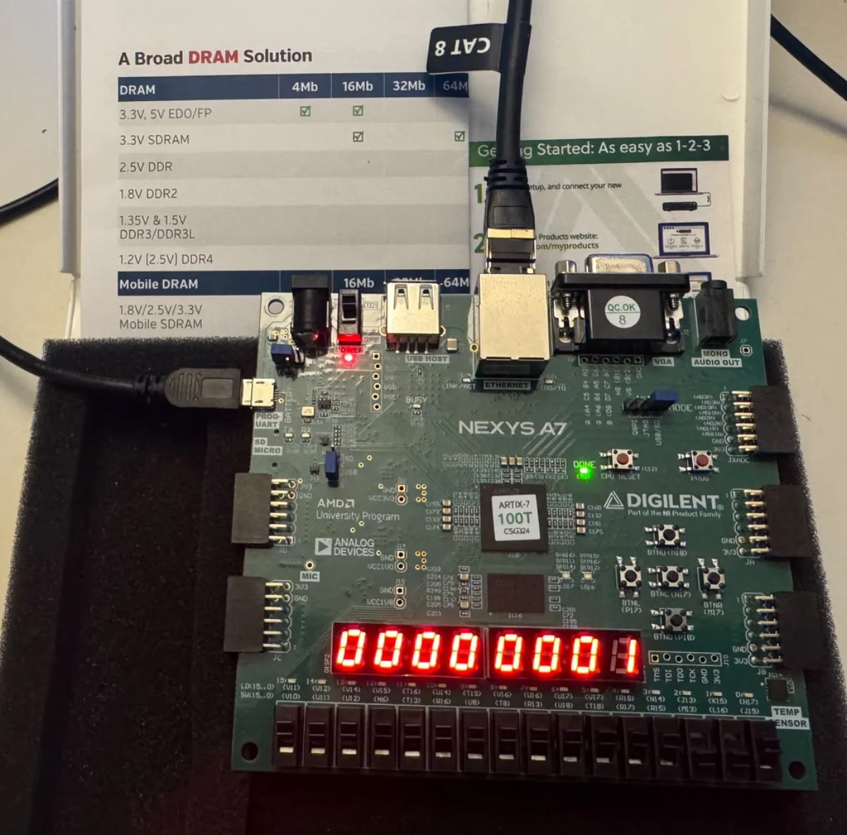 ITCH parser on Nexys A7 · bench photo
